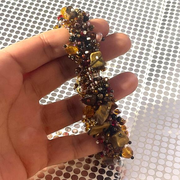 Natural Stone Stretch Beaded bracelet Brown Tigers Eye magnetic Closure  B#18 - Picture 2 of 10